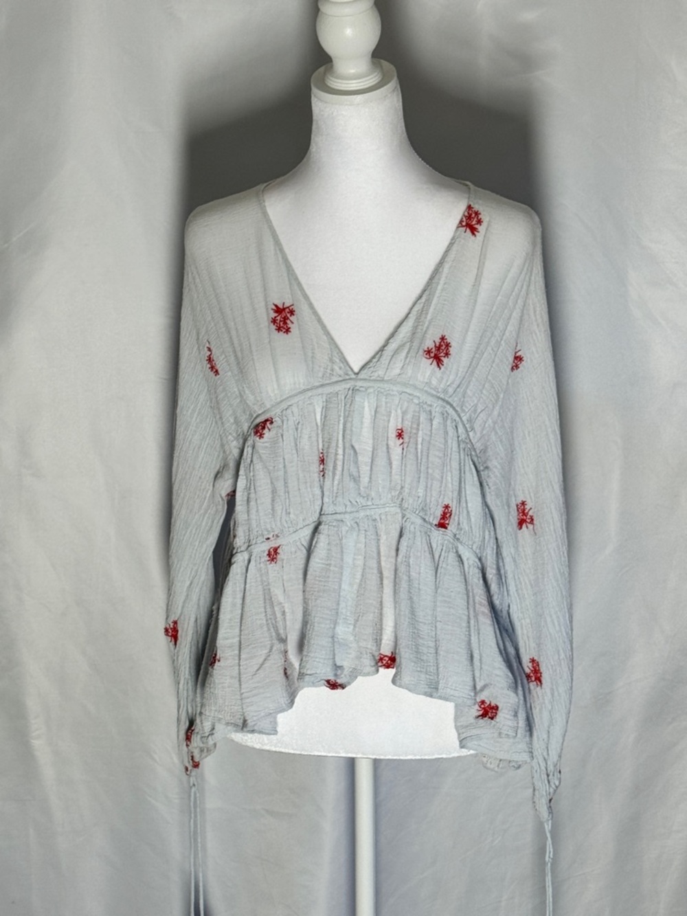 Zara Light Blue V-Neck Blouse with Red Floral Embroidery